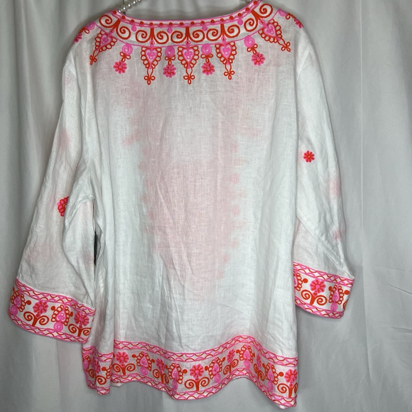 John Mark Women’s Embroidered 100% Linen Tunic Split Neck White Pink Sz 1X Boho - Picture 5 of 12